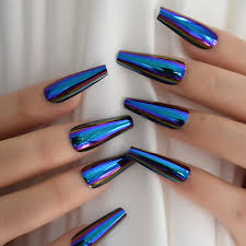 blue chrome press on nails metallic