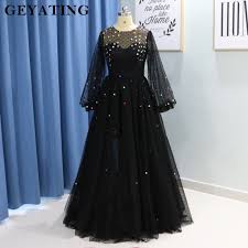 Arabic Black Polka Tulle Crystal Long Sleeves Dubai Evening Dresses 2019 Elegant Women Plus Size Formal Gowns Long Prom Dress