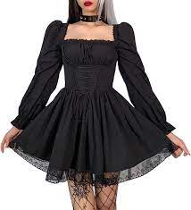 Amazon.com: 女款黑色Lolita 洋裝哥德式復古頹廢迷你洋裝綁帶龐克短裙萬聖節角色扮演服裝, A1-黑色, Small : 服裝，鞋子和珠寶