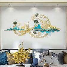 Modern Metal Wall Decor With Deer Mountain Leaves Wall Accent In Gold Blue Green