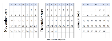 3 Month Calendar November December 2019 January 2020 To