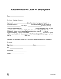free job recommendation letter template