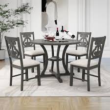 Round Wood Top Gray Dining Table Set