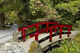 Japanese Garden With Red Bridge Stock