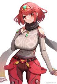 gonzarez, pyra (xenoblade), xenoblade chronicles (series), xenoblade  chronicles 2, highres, 1girl, alternate costume, bare shoulders, blush,  breasts, closed mouth, clothing cutout, cowboy shot, earrings, gluteal  fold, grey sweater, impossible clothes 