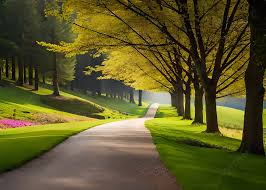 road in trees green nature background