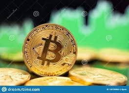 Bitcoin Coins With Green Chart Stock Image Image Of