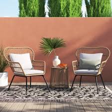 Barton 3 Piece Wicker Outdoor Bistro Set Modern Patio Table And 2 Chairs With Beige Cushion