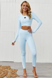 Light Blue Hollow Out Round Neck Long Sleeve Sports Crop Top Leggings Set 077375