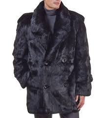 Black Rabbit Fur Pea Coat For Men