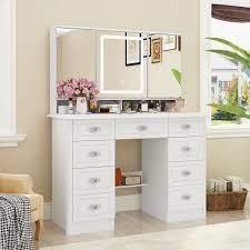 white makeup vanity with 3 mirrors