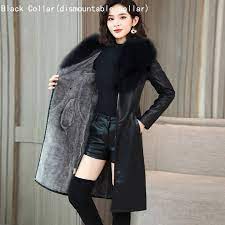 Women Faux Fur Lining Pu Leather Trench