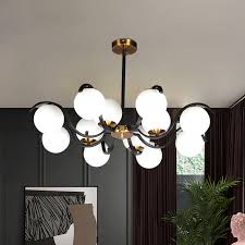 Orb Chandelier Light Fixture Modern Cream Glass 12 Bulbs Living Room Ceiling Pendant Lamp In Black Beautifulhalo Com