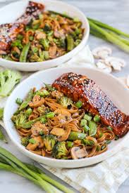 asian bbq sesame salmon with noodles