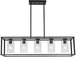 Amazon Com Vinluz Farmhouse Chandeliers Rectangle Black 5 Light Dining Room Lighting Fixtures Hanging Kitchen Island Cage Pendant Lights Contemporary Modern Ceiling Light With Glass Shade Adjustable Rods Home Improvement
