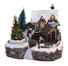 Led Lighted Snowy Christmas Village Animated Winter House Scenes Spinning Tree