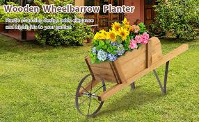 Wooden Wagon Planter Stand Wheelbarrow