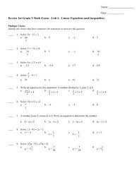Math Exam Unit 6 Linear Equations