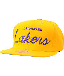 Los angeles lakers nwa script flat bill snapback purple/yellow hat w/ 17 championship trophy side. Nba Mitchell And Ness Lakers Script Snapback Hat Zumiez