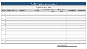 spare parts list template free word