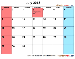 July 2018 Calendar Us