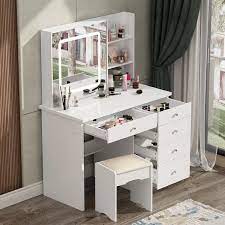 fufu a 5 drawers white makeup vanity sets dressing table sets with led dimmable mirror stool and 3 tier storage shelves
