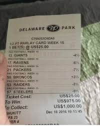 Delaware lottery sports book wagering rules and regulations apply to parlay cards unless otherwise stipulated on the card. Delaware Park C769252 C6da0 12 Pt Parlay Card Week 15 1 Bet S A Us 2500 Pro Football Week 15 13 Giants Pro Football Week 15 17 Ravens Pro Football Week 15 21