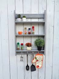 Gray Wooden Shelves With Hooks Kitchen