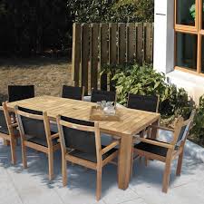 Royal Teak Collection P87nv 9 Piece Teak Patio Dining Set With 96x44 Inch Rectangular Table Captiva Stacking Chairs Navy Sling