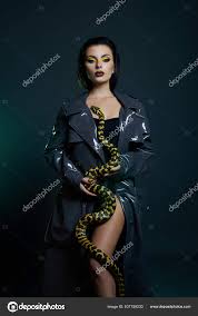 beauty woman python yellow snake her