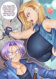nauth, android 18, trunks (dragon ball), trunks (future) (dragon ball),  dragon ball, wall, 1boy, 1girl, blonde hair, breasts, english text,  fingerless gloves, gloves, huge breasts, jacket, runks (dragon ball) 