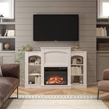 Ameriwood Home Elk Grove 61 02 In Freestanding Electric Fireplace Mantel With Bookshelves In Ivory Oak