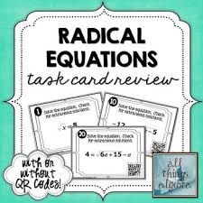 Task Cards Quadratics Radical Equations