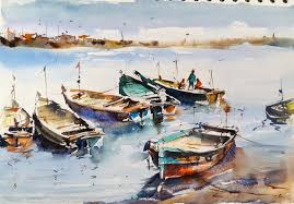 Fishing Boats Yard Watercolor Painting