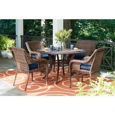 This set is part of home depot's choose your own color program to create a cohesive, polished look; Hampton Bay Cambridge 5 Piece Brown Wicker Outdoor Patio Dining Set With Cushionguard Midnight Navy Blue Cushions 65 7148b5 The Home Depot