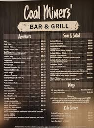 menu of coal miners bar and grill in
