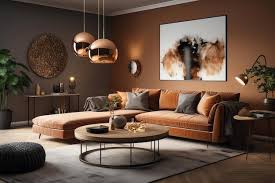 Brown Sofa With A Gold Pendant Light