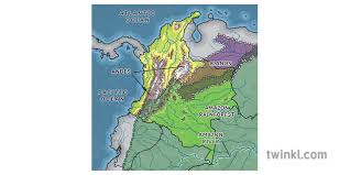 Una zona provincial, una región, un país o el mundo. Colombia Ambiente Mapa Topografico Geografia Amazonica Ks2 Illustration