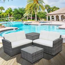 In a rainy region, resin furniture holds up well and comes in multiple designs to match any style. Clearance 4 Piece Outdoor Patio Furniture Set 2 Rattan Patio Chairs With Glass Table And Storage Cabinet All Weather Rectangle Patio Sofa Wicker Set With Cushions For Backyard Porch Garden Pool Walmart Com