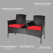 Gymax Rattan Wicker Patio Conversation Set W Loveseat Table Red Cushion