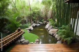 Pond And A Bamboo Fence Generative Ai