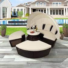 Afoxsos Round Brown Wicker Outdoor Sectional Sofa Set Daybed With Retractable Canopy Separate Seating Beige Removable Cushion