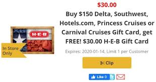 If you get your cards via allstate, you can now get carnival cards at a 12% discount. Expired H E B Buy 150 Select Gift Cards Get 30 H E B Gift Card Free Delta Southwest Hotels Com Princess Cruises Carnival Gc Galore