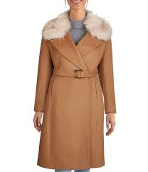 This wool blend coat features a flattering belted waist and warm shawl coat for a polished look. Cole Haan Signature Faux Fur Collar Wool Blend Belted Wrap Long Coat Dillard S