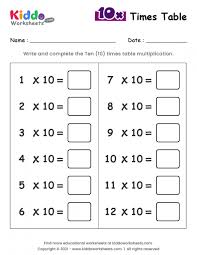 free printable 10 times table worksheet