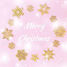 Merry Christmas Card With Golden Snowflakes In Pastel Pink Color