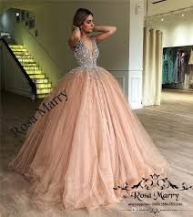 Luxury Crystals Ball Gown Prom Dresses 2018 Illusion V Neck Champagne Tulle Plus Size Sequined Sweet 16 Arabic Dubai Quinceanera Party Gowns
