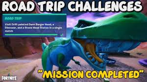 The dinosaur can be found on the opposite end of the island; Visit Drift Painted Durrr Burger Head Dinosaur Stone Head Statue In Si Fortnitechallenges Fortnite Fortnitebattleroyale Head Statue Fortnite Visiting