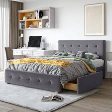 Urtr 85 In W Dark Gray Queen Size Upholstered Platform Bed With 4 Drawers Storage Platform Bed Frame With Tufted Headboard