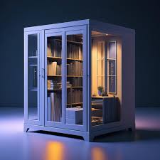 A Small White Bookcase With A Light On